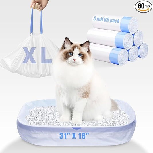 60 Pack Jumbo Cat Litter Bags - 3MIL Extra Thick Leakproof Litter Box Liners, 31"x18" Heavy Duty Drawstring Cat Litter Liners for Automatic Litter Box, Odor Control Disposable Kitty Litter Bags 6 Roll