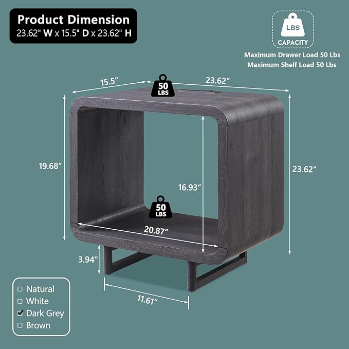 23.6" Modern End Table Set of 2, 2 Tier Side Table with Charging Station, Simple Bedside Table with Open Storage Shelf, Outlet, Wooden Nightstand for Bedroom, Living Room, Study, Dark Grey