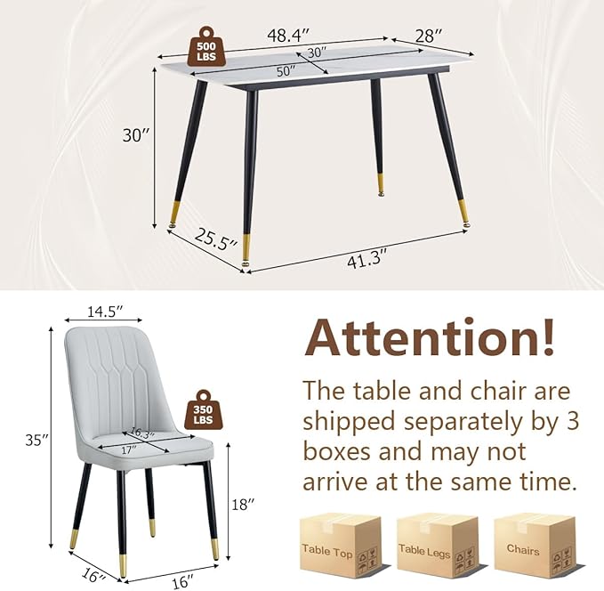 50'' Dining Table Set for 4, Dining Room Sets for 4, Sintered Stone Dining Table Chairs Set of 4, Easy to Assemble，Suitable for Small Spaces