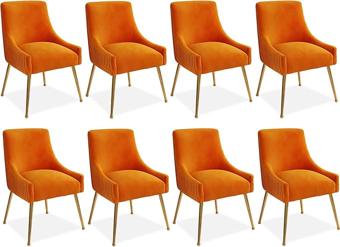 Dining Chairs, Accent Chairs Set of 8, Modern Upholstered Kitchen Dining Room Chairs with Gold Legs, Fabric Tufted Velvet Living Room Chairs for Reception Room Bedroom Guest Room (Orange)