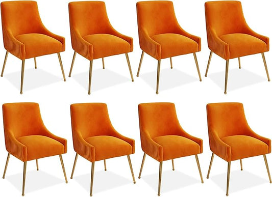 Dining Chairs, Accent Chairs Set of 8, Modern Upholstered Kitchen Dining Room Chairs with Gold Legs, Fabric Tufted Velvet Living Room Chairs for Reception Room Bedroom Guest Room (Orange)