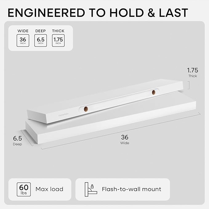 Homeforia White Floating Shelves 36 inch, High End Solid Real Wood 36inch Floating Shelf for Wall Mounted, White Wooden 36in Long Floating Shelves, Heavy Duty Bracket, 36 X 6.5 X 1.75 inches, Set of 2