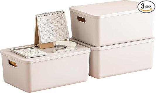 Plastic Storage Bins with lids,Storage Baskets,Container with handle,Storage Organizer Bins for Shelves,Office,Bedrooms,Closets, Cabinets(Gray, 3M)