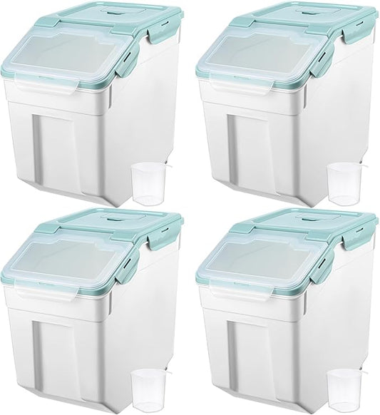 Sunnyray 4 Pcs 55 lbs Grain Rice Storage Container Blue Flour Bin with Wheels Cup Leak Proof Pet Food Storage Boxes Seal Locking Lid Plastic Rice Containers Set for Cereal Flour Cat Dog Food Kitchen