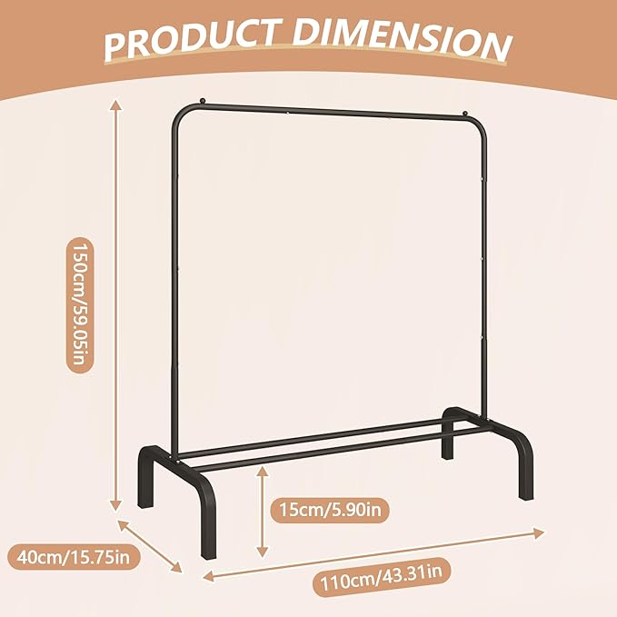 JIUYOTREE Metal Clothing Rack, 43.3 Inches Garment Rack with Bottom Shelf for Hanging Clothes, Coats, Skirts, Shirts, Sweaters, Black