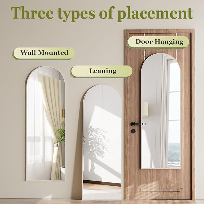 BEAUTYPEAK 14" x 48" Adjustable Height Over The Door Mirror, Arch Full Length Hanging Door Mirror with Shatterproof Tempered Glass Aluminum Alloy Frame for Bedroom, Living Room, Bathroom, Dorm, Silver