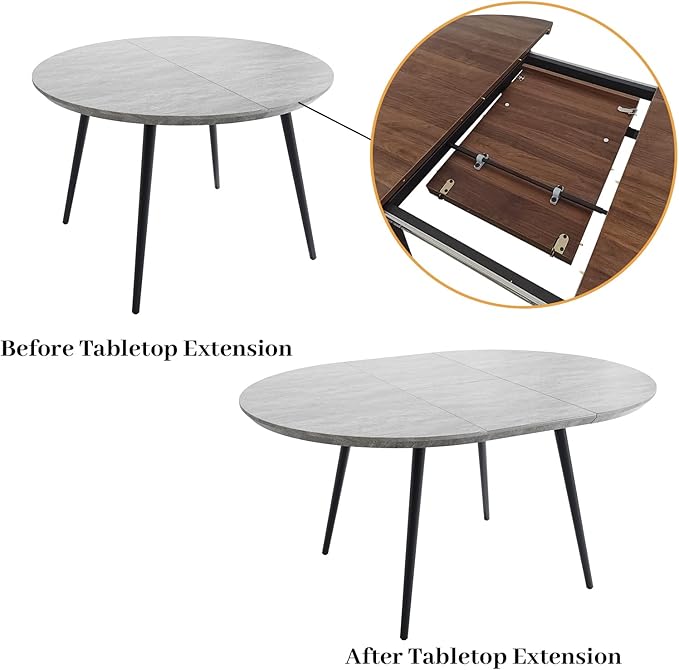 43.3"-59.1" Extendable Round Dining Table Set, Round Table for 6 Person with Scratch-Resistant Thickened MDF Board, Gray Coffee Table w/Metal Legs