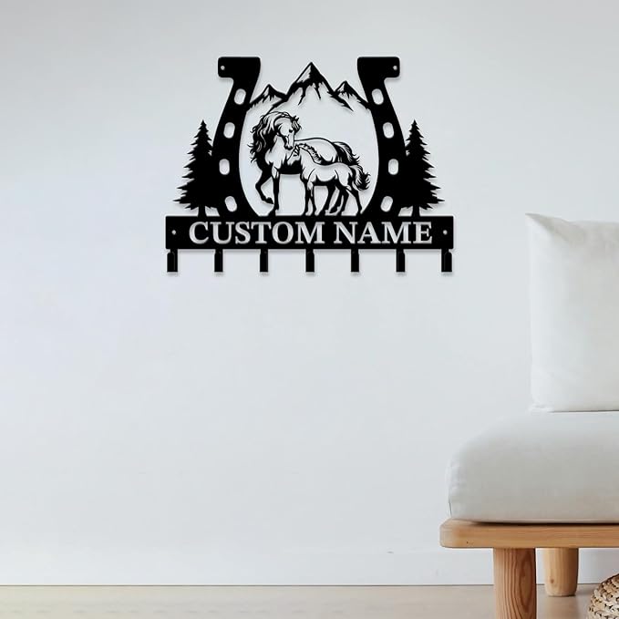 Personalized Custom Name Farm Horse Wall Key Hooks,Metal Horse Art Clothes Hooks,Metal Horse Wall Home Storage Decorative,For Front Door, Hallway, Kitchen, Bedroom,Keys,Hats (Style D)