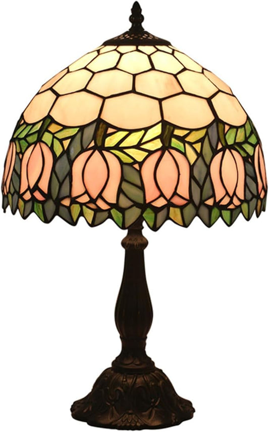 Tiffany Table Lamp,Pink Tulip Stained Glass Table Lamps for Bedroom Bedside 3 Color Temperatures Nightstand Lamp, for Living Room,Dining Room,W/LED Bulb, Mothers Gifts,12X12X19Inch