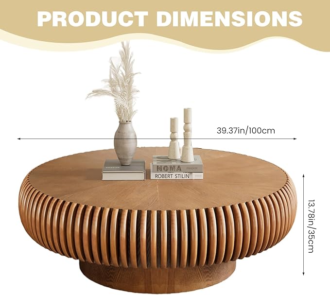 Fluted Round Coffee Table for Living Room 39.37" Modern Drum Coffee Table Mid Century Handcrafted Circle Wood Center Tables with Pedestal for Small Space Apartment (Brown)