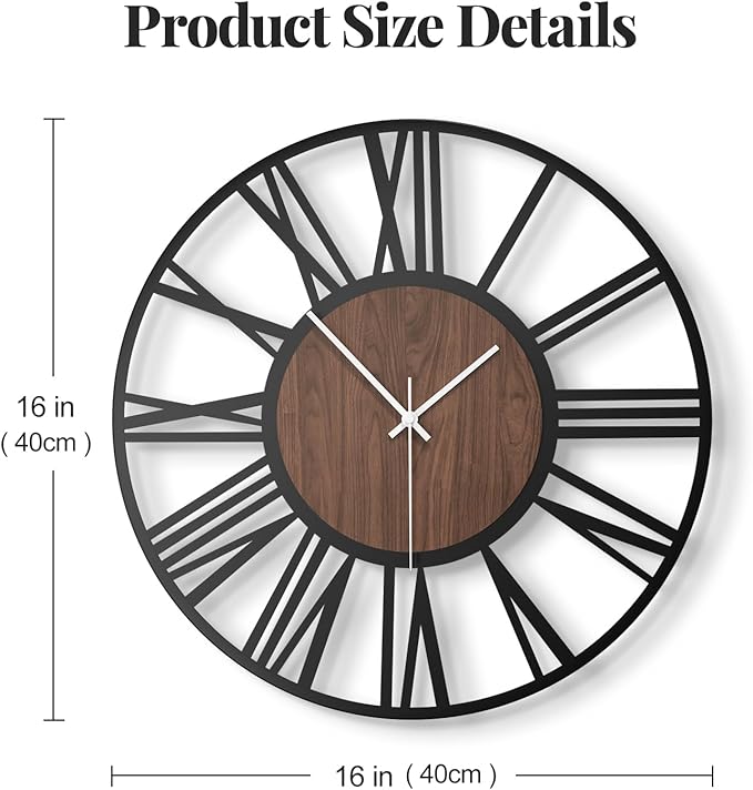 Wall Clock, Modern Clocks for Living Room Decor, 16 inch Wood Walnut Dial Decorative Wall Clock Battery Operated, Non Ticking Silent Black Metal Clock for Bedroom, Kitchen, Office-Roman Numerals