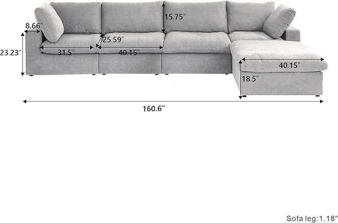Cloud Couch Modular Sectional Sofa,160.6" L Shaped Convertible Sectional Sofas with Storage Ottoman for Living Room,Minimalist Deep 5 Seater, Covers Washable&Replaceable(Grey)