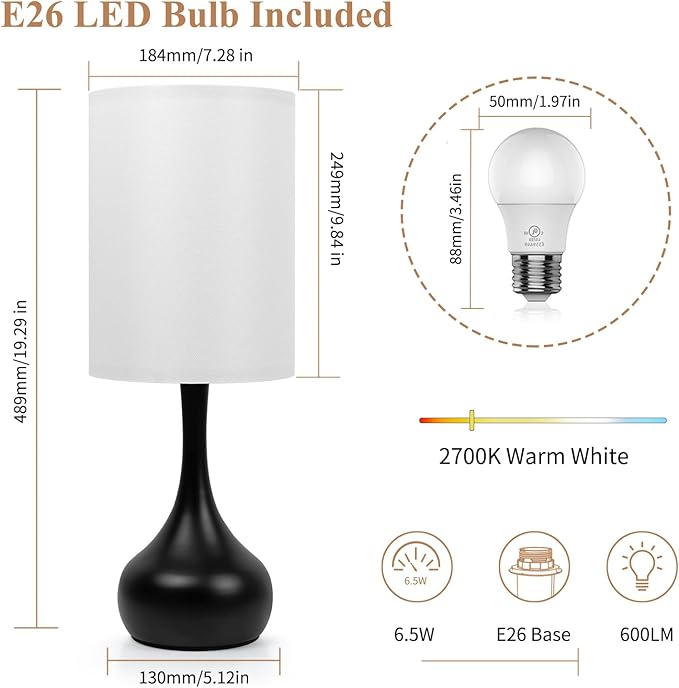 ONEWISH Touch Bedside Lamp for Bedroom, 3-Way Dimmable Table Lamps for Nightstand, White Fabric Shade Desk Lamp for Kids Reading, Living Room, Home Office