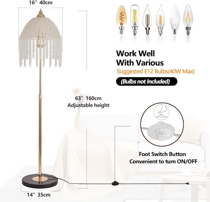 Vintage Style Floor Standing Lamp, Waterfall Design with Grape-Shaped Tall Gold Pole Light, Modern Dimmable Crystals Standing Lamps (Gold + Iron-6)