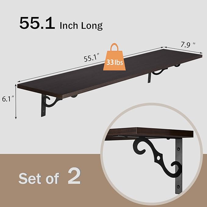DINZI LVJ Long Wall Shelves, 55.1" Large Floating Shelves Set of 2, Farmhouse Display Shelf Wall Mounted with Heavy Duty Brackets, Easy Assembly for Kitchen, Bathroom, Bedroom, Balcony, Espresso