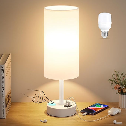 Dicoool White Touch Bedside Lamp for Bedroom - 3 Way Dimmable Table Lamp with USB, Nightstand Lamp with White Charging Station for Desk Dorm, Girl Kids Room, Small