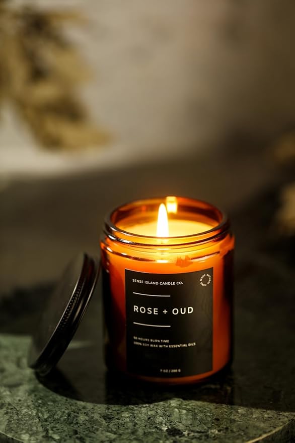 SENSE ISLAND Rose Oud Scented Candles for Men&Women | Natural Soy Candle 50 Hrs Burn Time Highly Scented Candles for Home Scented
