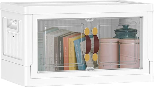 MOONEDGE 35QT Plastic Stackable Storage Bins with Lids, Collapsible Organizer with Magnetic Doors & Hidden Locking Handles, Storage Cabinet for Pet, Closet, Living Room, Pantry & Office Organization