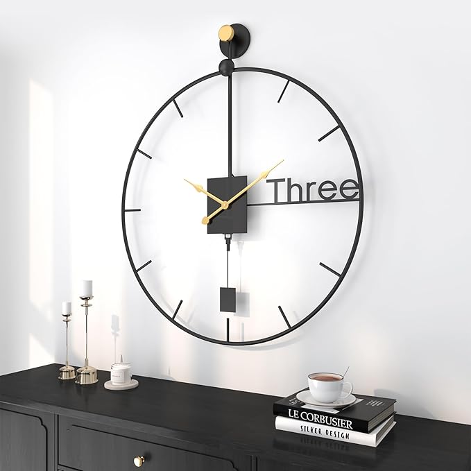 30 inch Large Wall Clocks Battery Operated Wall Clock with Pendulum, Silent Non-Ticking Metal Clock for Living Room Decor, Modern Decorative Hanging Clock for Bedroom, Office, Kitchen, Home