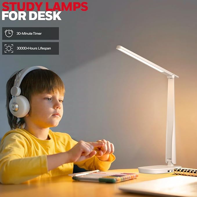 Honeywell LED Desk Lamp for Home Office, Eye-Caring Light with 4 Color Modes & Touch Control, USB A+C Charging Ports, Adjustable Rotating Head with Timer for Reading, Bedroom & Small Desks