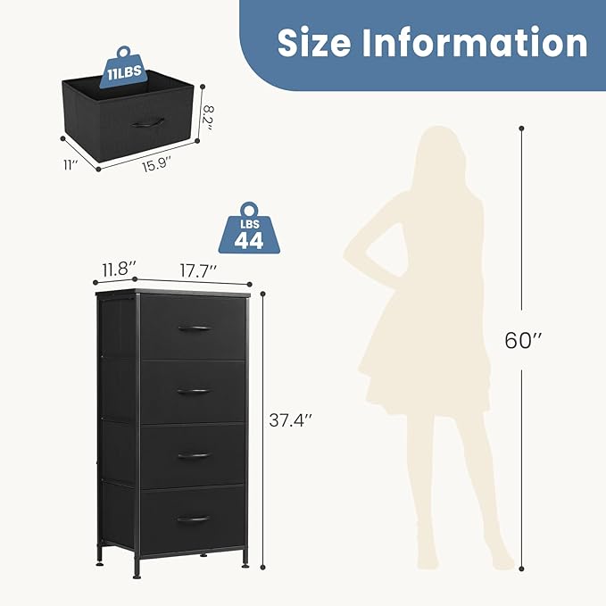 DUMOS Nightstand with 4 Drawers Bedside Table with Removable Fabric Bins Sturdy Steel Frame Wood Top Organizer Furniture for Bedroom Closet Living Room