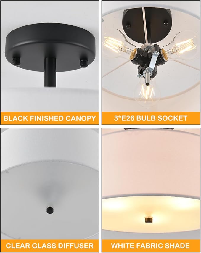 12.6" Semi Flush Mount Ceiling Light Fixture, 3-Light Black Drum Flush Mount Light Fixtures with White Fabric Shade, Modern Close to Ceiling Lights for Living Room Bedroom Hallway Entryway Foyer