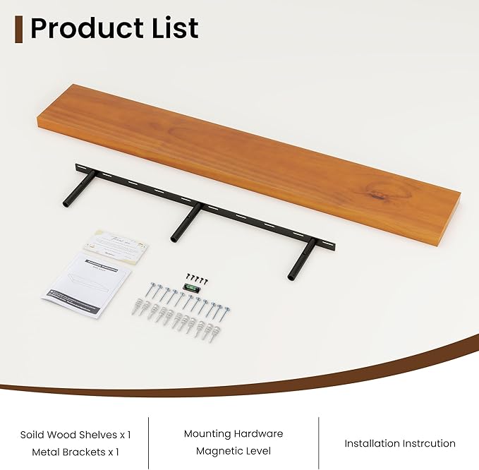 Vivelove Solid Wood Floating Shelves 48 Inches Long, 8”Deep x 1.4” Thick Wall Shelves for Bathroom, Living Room, Kitchen, Bedroom, Office, Rustic Farmhouse Home Decor, Set of 1 - Honey Oak