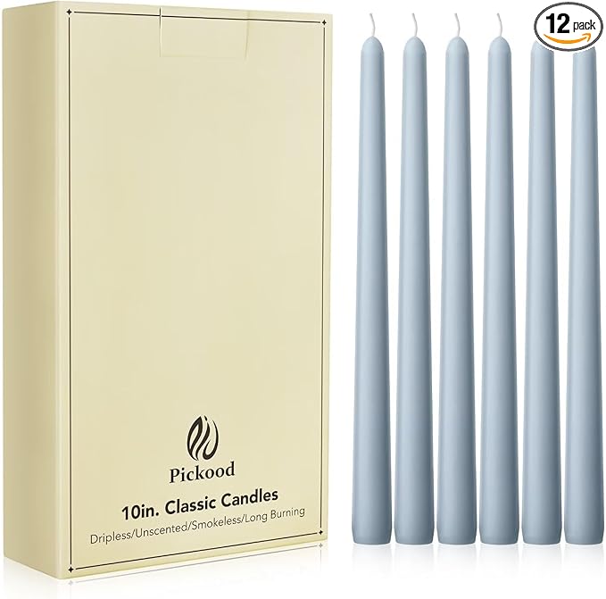 New Burning Formula Unscented Dripless 10-Inch Taper Candles Set of 12 - Baby Blue, for Wedding, Dinner - Smokeless, Long Burning - Hand Poured, Colored Tall Candlesticks - Azul Bebé