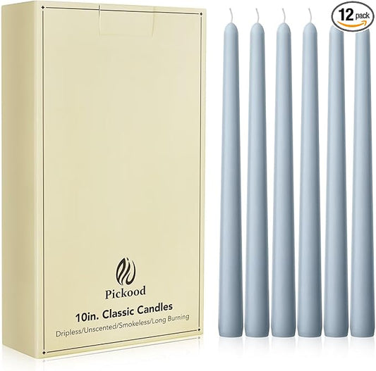 New Burning Formula Unscented Dripless 10-Inch Taper Candles Set of 12 - Baby Blue, for Wedding, Dinner - Smokeless, Long Burning - Hand Poured, Colored Tall Candlesticks - Azul Bebé