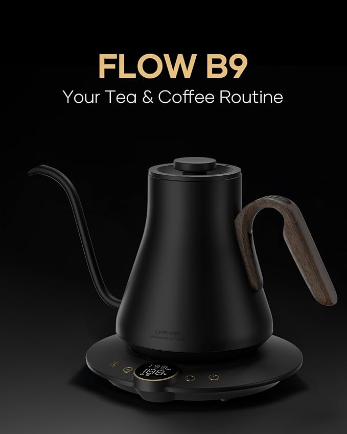 Cocinare FLOW B9 Gooseneck Electric Kettle, Precise Temperature Control for Pour-Over Coffee & Tea Brewing, Stainless Steel Interior, Rapid Heating for Boiling Water 0.9L (Goya Walnut)