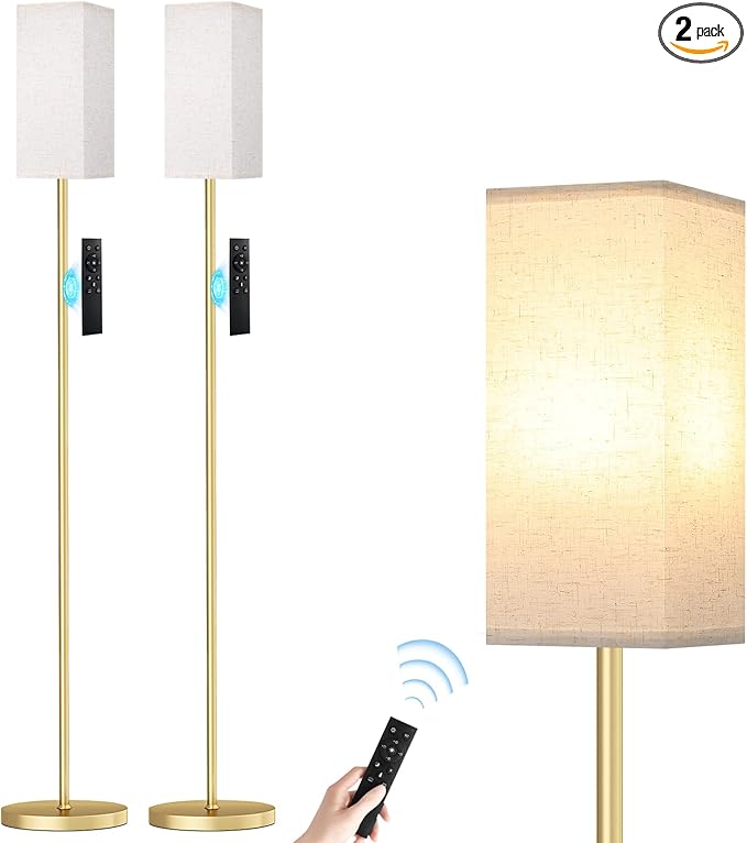 Ambimall 2 Packs Remote Control Floor Lamp, Stepless Dimmable, 64 Inches Tall, Include 9W Bulb, Standing Lamp for Living Room Bedroom Office (Light Beige & Gold)