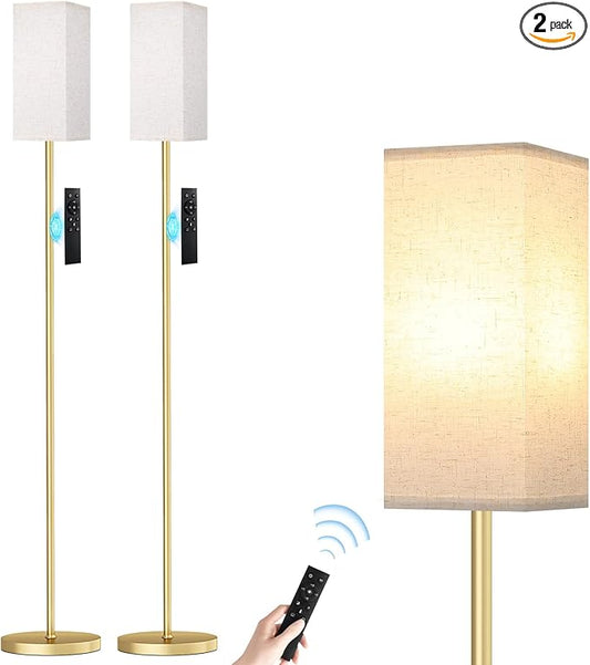 Ambimall 2 Packs Remote Control Floor Lamp, Stepless Dimmable, 64 Inches Tall, Include 9W Bulb, Standing Lamp for Living Room Bedroom Office (Light Beige & Gold)
