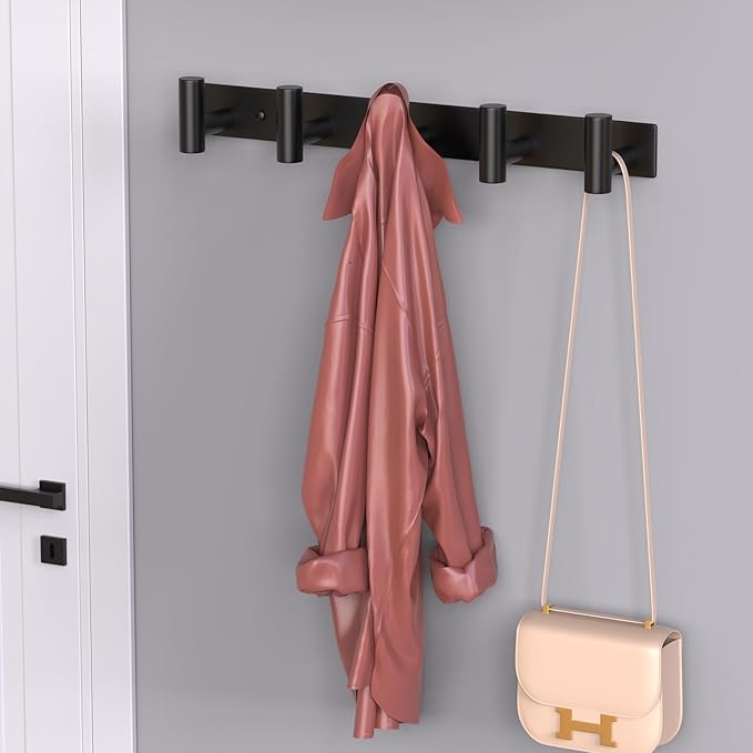HUFEEOH Coat Hooks Wall Mount, Black T Shaped 5 Hooks Stainless Steel Wall Hooks Towel Rack for Hanging, Heavy Duty Key Holder Hat Rack Used for Bathroom Mudroom Entryway