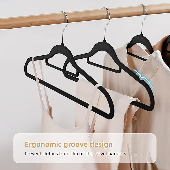 Velvet Non-Slip Black Hangers - Space-Saving Heavy-Duty Suit Hangers with 360° Swivel Hook - 20 Pack