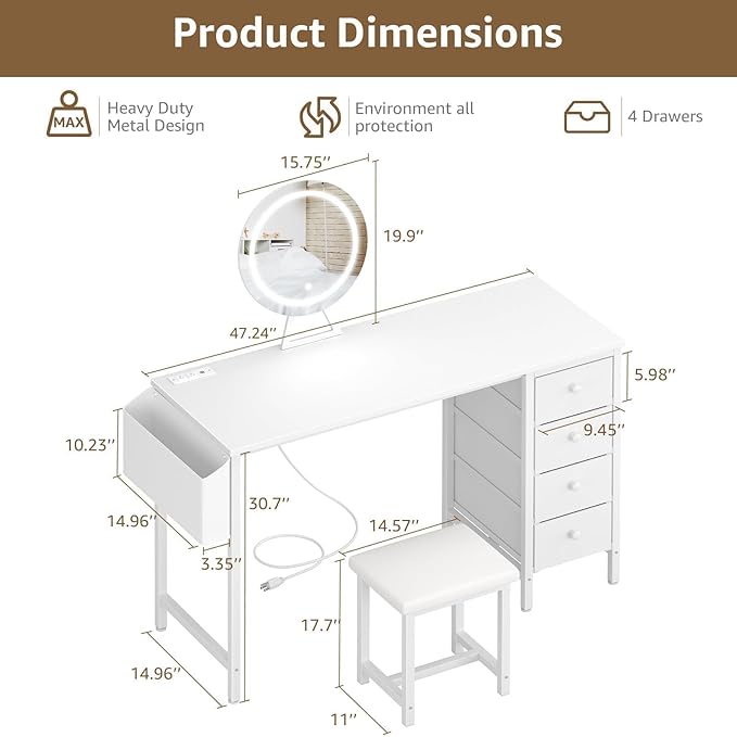 White Vanity Desk with Mirror and Light- Makeup Vanity Set Table with Chair, Storage, Lighted Mirror, 4 Large Fabric Drawers & Power Outlet, Dressing Table Vanities for Girls Bedroom