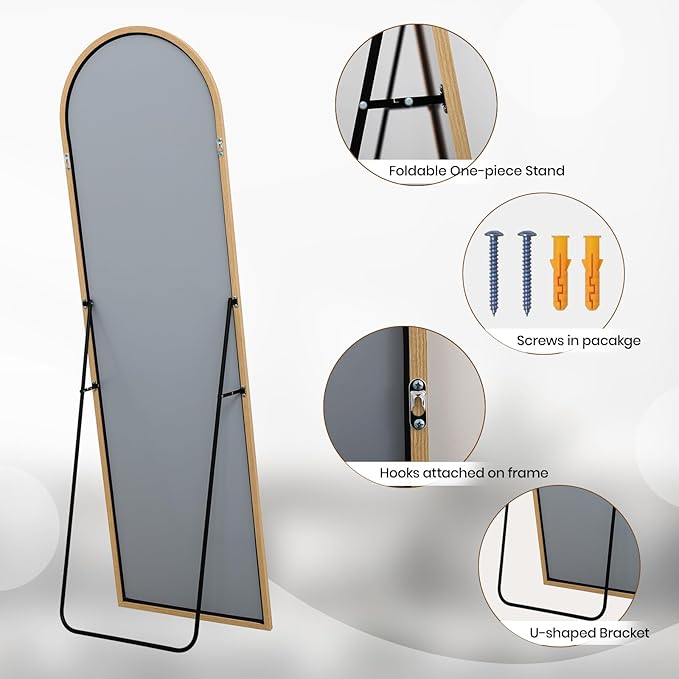 Arched 26x71 Inch Full Length Mirrors Aluminium Frame in Classic Natural Wood Looking Free Standing Floor Mirror Full Body Wall Mounted for Bedroom Living Room and Hallway