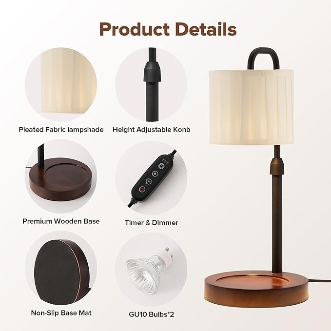 Candle Warmer Lamp with Timer, Dimmable Wax Warmer Candle Lamp for Jar Candle with 2 Bulbs, Christmas Birthday Gifts for Women Mom, Cozy Home Decor for Room, Bedroom, Kitchen-Pleated Fabric