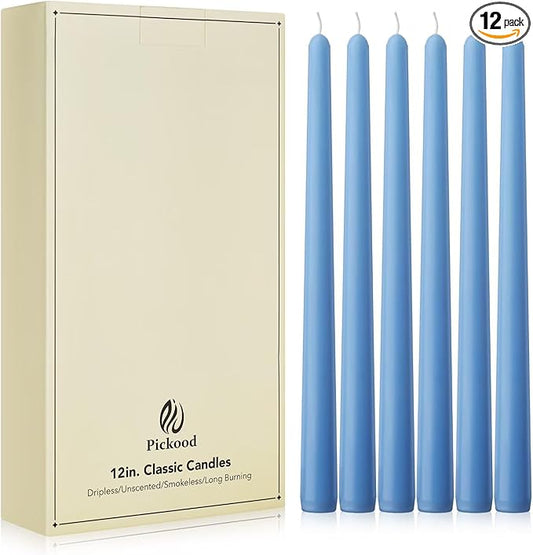 New Burning Formula Unscented Dripless 12-Inch Taper Candles Set of 12 - Light Blue, for Wedding, Dinner - Smokeless, Long Burning - Hand Poured, Colored Tall Candlesticks - Azul Claro
