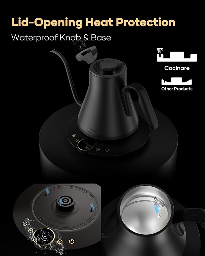 Cocinare FLOW B9 Gooseneck Electric Kettle, Precise Temperature Control for Pour-Over Coffee & Tea Brewing, Stainless Steel Interior, Rapid Heating for Boiling Water, 1500W/0.9L (Matte Black)