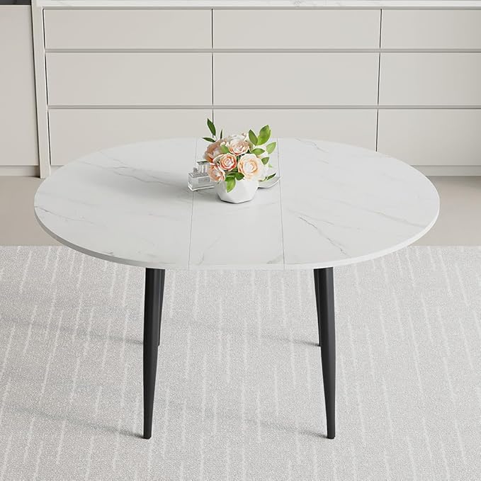 42"-54" Round to Oval Extendable Dining Room Table, White Faux Marble & Wood Grain Top with Black Metal Legs, Modern Round Dining Table for 4–6, Space-Saving Kitchen Table, Easy Assembly