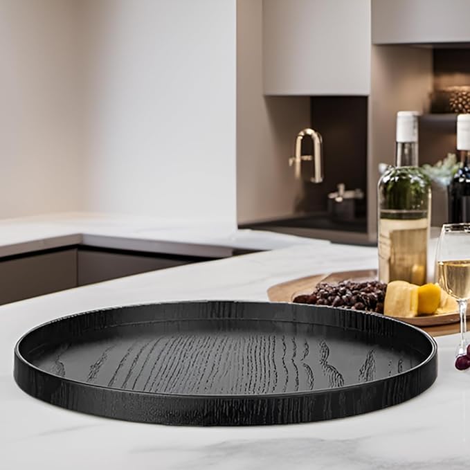 Round Solid Wood Serving Tray Extra Large Tea Coffee Snack Food Meals Serving Plate Non-Slip Kitchen Party Bar Server Ottoman Tray Breakfast Tray with Raised Edges (15inch/37.5cm) Black
