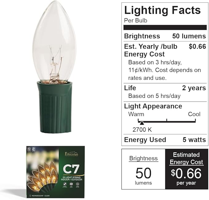 C7 26ft Indoor/Outdoor Ceramic Multicolor Incandescent Christmas String Lights with 25 Bulbs | 120V, 5W