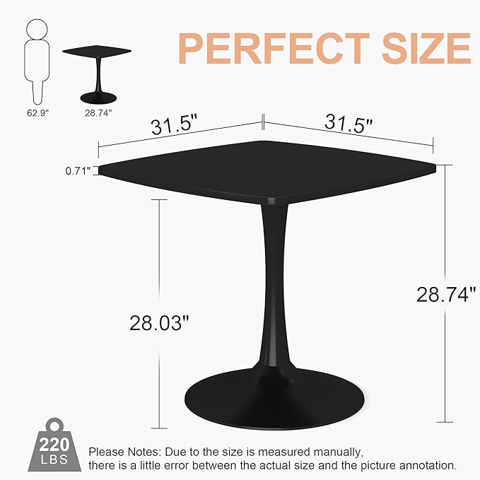 Recaceik Square Dining Table for 2-4 Person, 32 Inches Tulip Kitchen Table with Pedestal Base for Kitchen & Dining Room, Mid-Century Modern in Tulip w/0.71" Thickened Desktop, Black