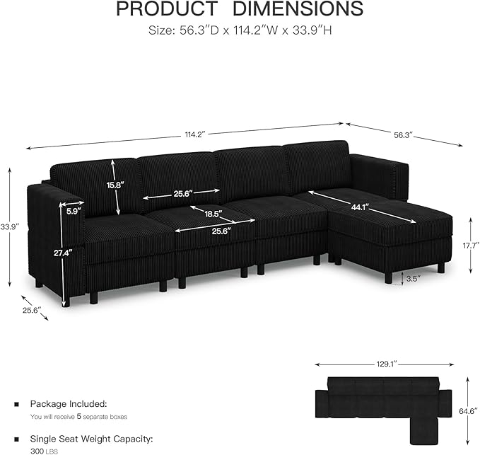 114.2" 5 Seater Modular Sofa with Deep Storage Seat,Corduroy Convertible L Shaped Sectional Couch,Modular Couch with Movable Ottoman Chaise,Upholstered Sectional Couches for Living Room,Black