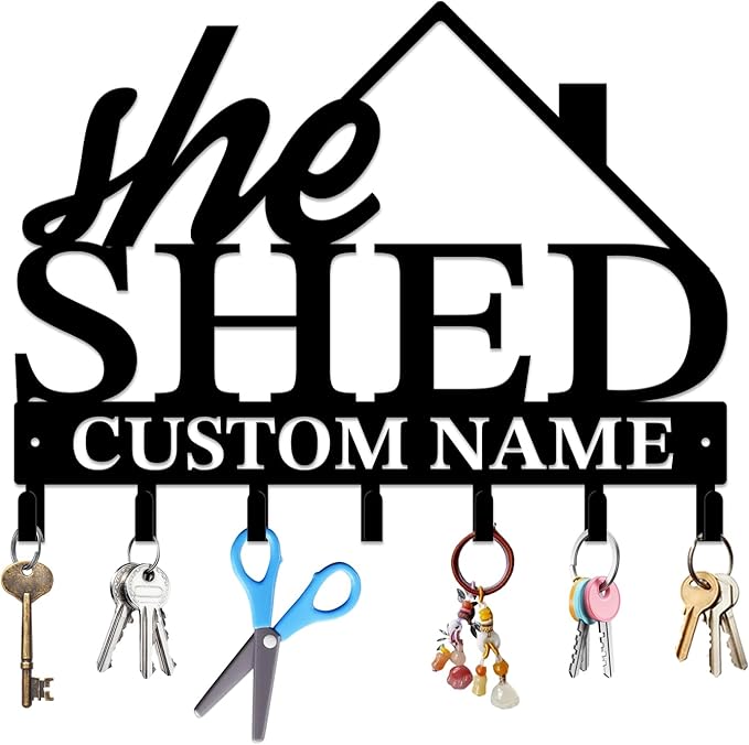 Personalized She Shed Keys Hooks,Custom Name Metal She Shed Art Keys Hooks,Metal She Shed Lover Wall Home Storage Decorative Keys Hooks,Key Holder Hooks for Wall (Style A)