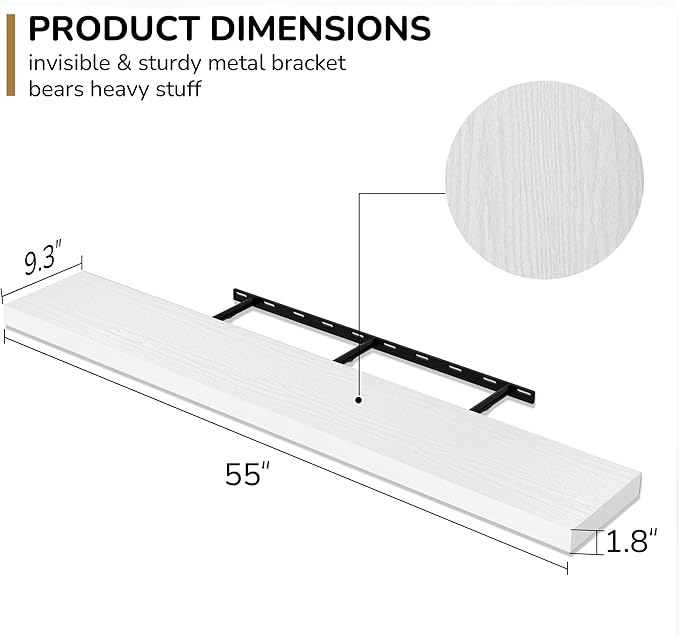 Fun Memories 55 Inch Floating Shelves - 9 Inch Deep Rustic Wooden Wall Shelves - Extra Deeper & Thicker Wall Mounted Storage Shelf for Living Room, Kitchen, Farmhouse - 55" W x 9" D x 1.8" H - White