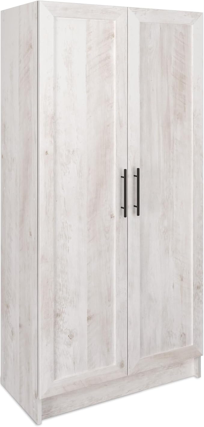 Prepac Elite Storage Accent Cabinet with Panel Doors, Rustic White Cupboard, Bathroom Cabinet, Pantry Storage with 3 Shelves 16.75" D x 32" W x 65" H