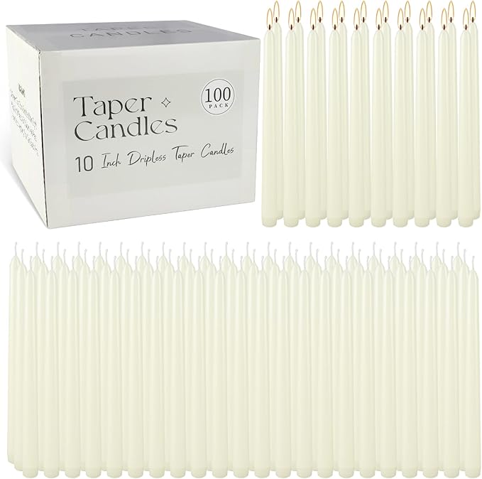100Pack Ivory Taper Candles, 7-8 Hours Burn Time, Unscented, Smokeless and Dripless, 0.75 x 10 Inch Dinner Candle Set for Household, Wedding, Party and Home Décor Candlesticks