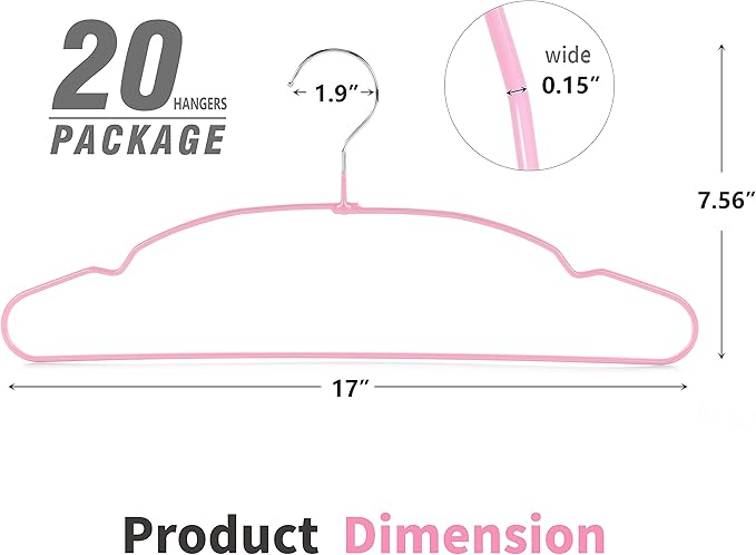 TOPIA HANGER Non Slip Hanger 20 Pack, Metal Clothes Hangers Space Saving, Heavy Duty Rubber Coated Wire Hanger for Coat, Shirt, Dress, Pants-Pink, CT12P