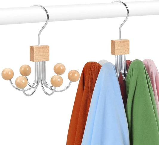 TOPIA HANGER Sweatshirt Hangers 2-Pack with 6 Wooden Balls, Purse Hanger, Scarf Hanger, Wooden Closet Hooks, Handbag Organizer, Bra Hanger, Accessory Organizers for Scarf, Tanktop, Hat, Hoodie CT82N